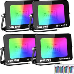 4 Pack Outdoor RGB LED Floodlight, 30W Dimmable 16 Colour Changing Flood Lights for Garden, Courtyard, Landscap, Stage Decoration, IP66, Electric Mains Powered, Remote Control, 175-265V