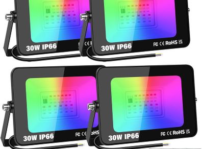 4 Pack Outdoor RGB LED Floodlight, 30W Dimmable 16 Colour Changing Flood Lights for Garden, Courtyard, Landscap, Stage Decoration, IP66, Electric Mains Powered, Remote Control, 175-265V