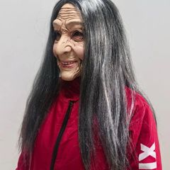 Halloween old woman latex mask with hair.