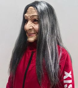 Halloween old woman latex mask with hair.