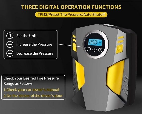 Digital Tyre Inflator, Portable Air Compressor Car Tyre Pump with 3 Nozzle Adaptors and Digital LED Light, 12V