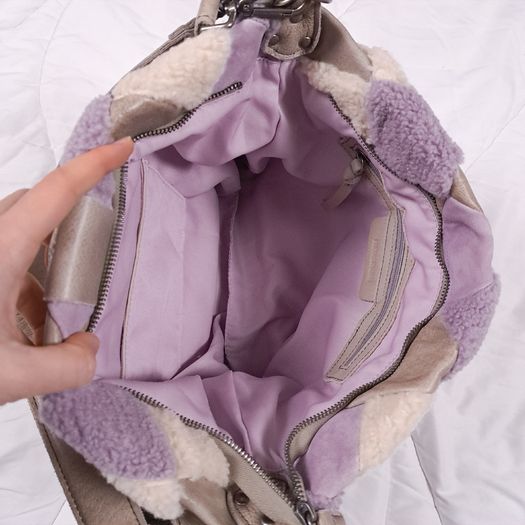 FredsBruder Lilac Purple Taupe Woven Patchwork Shearling Grain Leather Crossbody Bag