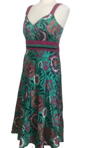 Monsoon Ladies Green Fushia A Line  Floral Silk Blend Midi Dress Lined Uk 12 Including Post