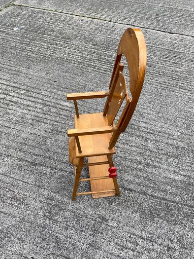 Vintage wooden doll high chair FROM THE 1930S featuring a built-in play tray with a wire bead