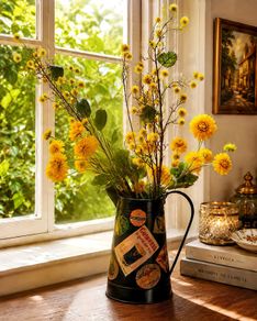 Vintage metal flower pitcher with a high-quality artificial floral arrangement