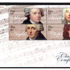 2009 Ireland Classical Composers Commemorate Stamp Booklet Pane featuring Handel, Mozart, Choplin & Haydin Mint Never Hinged (MNH). Hibernian HP187b