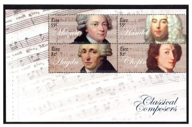 2009 Ireland Classical Composers Commemorate Stamp Booklet Pane featuring Handel, Mozart, Choplin & Haydin Mint Never Hinged (MNH). Hibernian HP187b