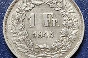 1945 B Switzerland 1 Franc Helvetia standing silver