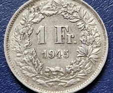 1945 B Switzerland 1 Franc Helvetia standing silver
