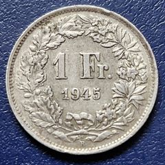 1945 B Switzerland 1 Franc Helvetia standing silver