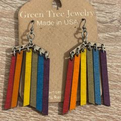 Brand New Green Tree Wood Cut Rainbow Earrings