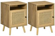 Bedside Table with Rattan Element, Side End Table with Shelf and Cupboard, 39cmx35cmx60cm, Set of 2, Natural