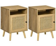 Bedside Table with Rattan Element, Side End Table with Shelf and Cupboard, 39cmx35cmx60cm, Set of 2, Natural