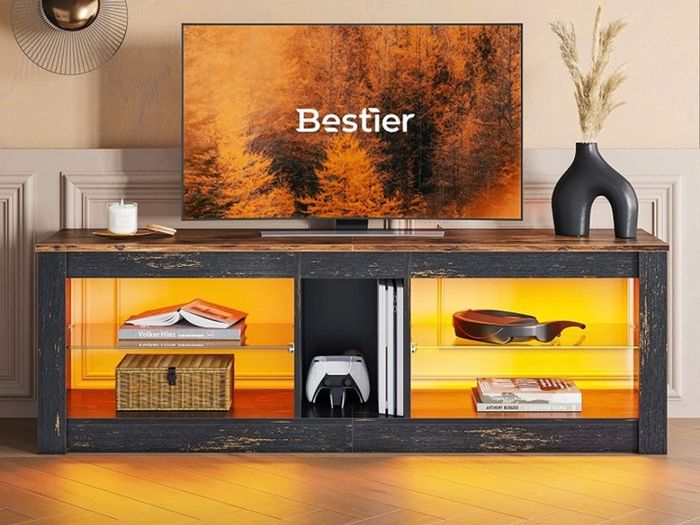 TV Stand Cabinet 140CM Modern TV Unit with Glass Shelf RGB LED Lighted for 65" TVs TV Entertainment Unit with Ambient Lights for Living Room Bedroom (FREE POSTAGE)