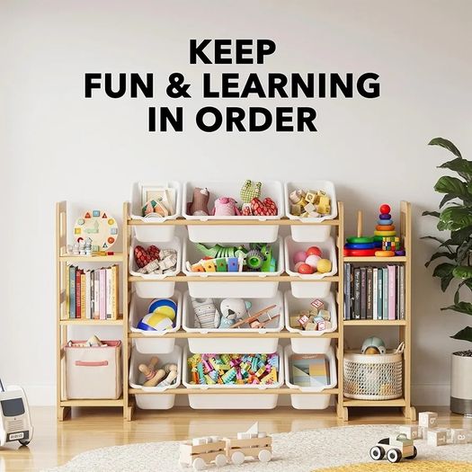 Toy Storage Organizer with 6 Shelves and 12 Bins, Bookshelf/Bookcase, Kids Bin Shelf, Toys Box for Playroom Organization for Bedroom & Room Decor, White, 52.3" W