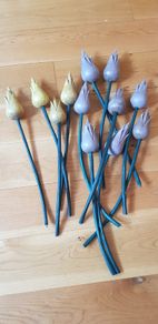 Large Size Vintage Handmade Wooden Flowers x12 Pieces