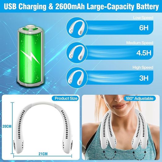 NEW SALE | Portable Hanging Neck Fan, Bladeless Mini Neck Fan with 360 Degree Airflow, 3-Speed Hands-Free Personal Fan Rechargeable Wearable Fan Cooling Quiet for Home Office Travel Sports Outdoor, White