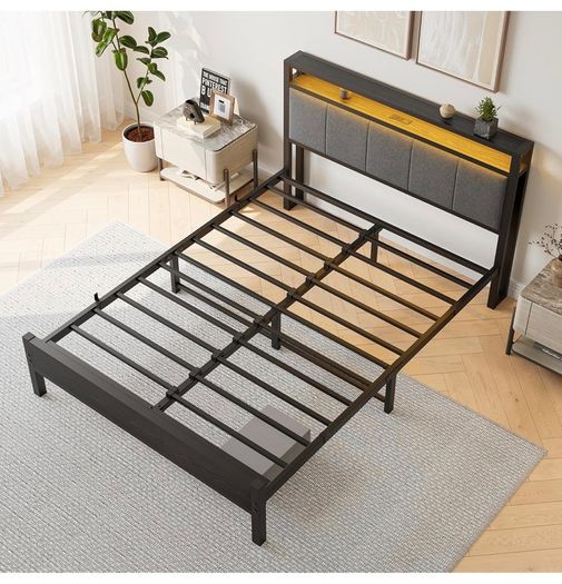 5FT King Size Bed Frame with Storage Headboard, Black Metal King Bed with Upholstered Headboard, LED Lights and Charging Station, Heavy Duty Metal Slats Support,Easy Assembly