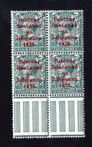 1922 Ireland 4d grey-green 5-line Overprinted Stamp by Thom in red Marginal Gutter Block of 4 Mint Never Hinged (MNH)