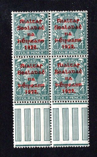1922 Ireland 4d grey-green 5-line Overprinted Stamp by Thom in red Marginal Gutter Block of 4 Mint Never Hinged (MNH)