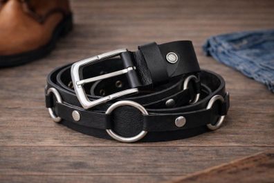 Black Genuine Leather O Ring Belt Punk Goth Belt Unisex Leather Belt