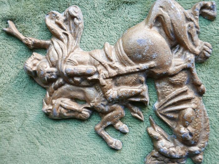 Vintage Aluminum Warrior Killing The Dragon Horseman Fighting With Dragon Reliev Figurine 9" X 7,5"