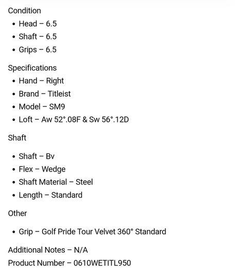 Titleist SM9 Wedges Aw 52.08F & Sw 56.12D / Bv Wedge