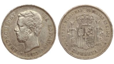 Spain Silver 5 Pesetas 1871 (74) Amadeo I