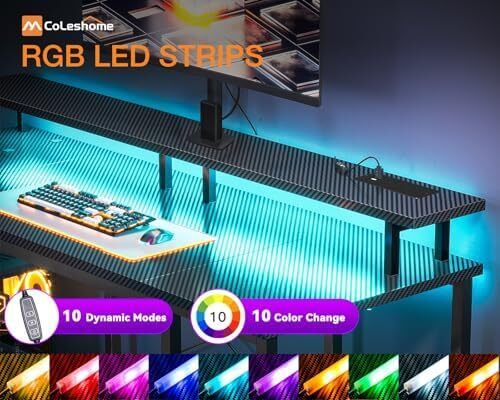 120x50 cm Gaming Desk with LED Lights, Computer Desk with Shelves, Office Desks with Monitor Stand, Carbon Fiber Black