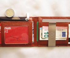 Unisex Very Slim Black / Brown Bi-fold Wallet with metal notes bill holder