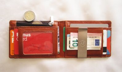 Unisex Very Slim Black / Brown Bi-fold Wallet with metal notes bill holder
