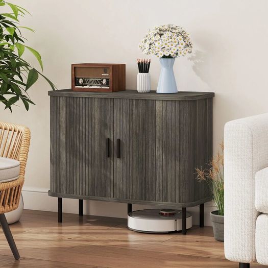 Modern Sideboard Storage Cabinet with Slatted Tambour Sliding