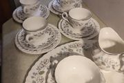 16 pieces set Rare find Johnson Brothers Ironstone  Snow White Pattern 1H1, Vintage Set Of 4 cups and saucers with side plates ,milk jug ,sugar bowl and large oval platter plate Swirl Edge, Platinum Trim