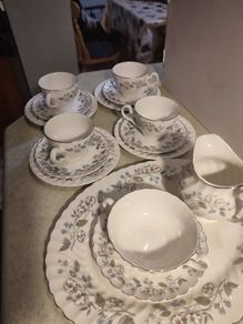 16 pieces set Rare find Johnson Brothers Ironstone  Snow White Pattern 1H1, Vintage Set Of 4 cups and saucers with side plates ,milk jug ,sugar bowl and large oval platter plate Swirl Edge, Platinum Trim