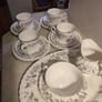 16 pieces set Rare find Johnson Brothers Ironstone  Snow White Pattern 1H1, Vintage Set Of 4 cups and saucers with side plates ,milk jug ,sugar bowl and large oval platter plate Swirl Edge, Platinum Trim Image 9