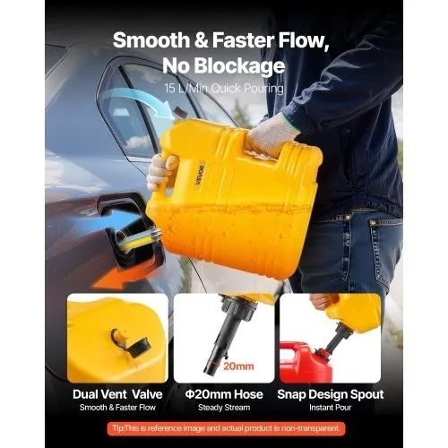 Fuel Container, 19 L, Gas Tank with Spout & Clear Scale, 15 L/min Max Flow Rate, Secure & Leak-proof, Portable Flat Fluid Container for Most Cars Motorcycle SUV ATV UTV, Yellow, 2 Packs