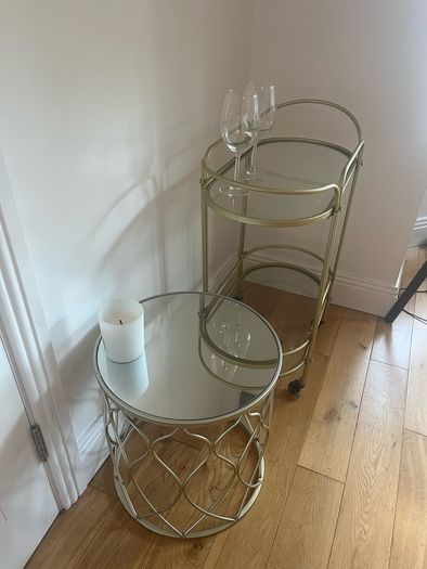 Gold drinks trolley and coffee table