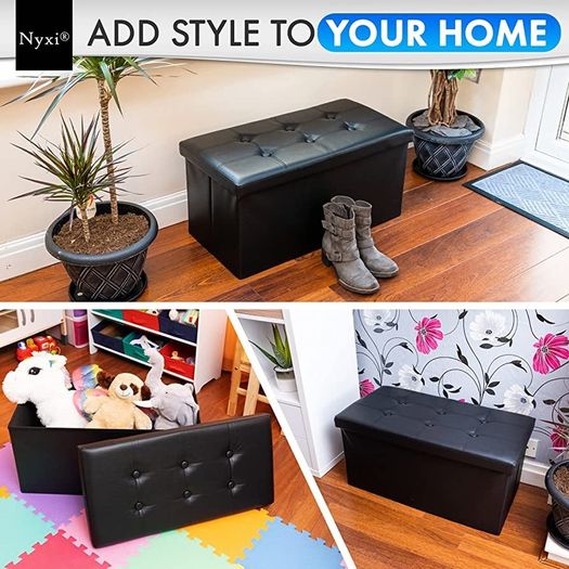 Faux Leather 76 x 38 x 38cm Black Ottoman Foldable Storage Boxes Seat Foot Stool Storage Box with Lids for Kids Toys, Bedroom, Hallway, Living Room (FREE POSTAGE)