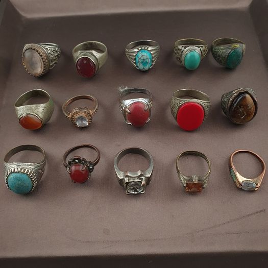 Antique Handmade Mix Brass with Mix Stone Glass Rings Lot Of 15