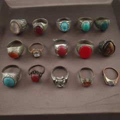 Antique Handmade Mix Brass with Mix Stone Glass Rings Lot Of 15