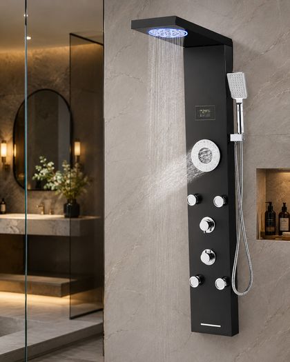 6-in-1 Black Stainless Steel Shower Panel with LED Rainfall, Mist and Temperature Display