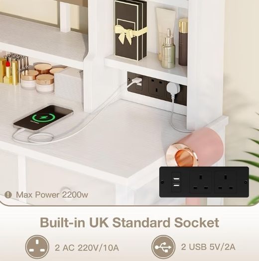 Dressing Table with Large LED Mirror 3 Lighting Modes Adjustable Brightness, Built in USB AC Socket Vanity Table with 4 Fabric Drawers, Modern Makeup Desk 100 40 140cm