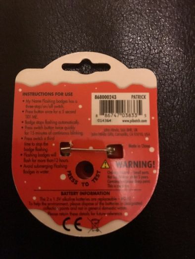 Christmas flashing badge named Patrick