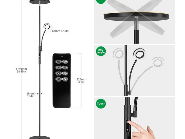 35W Dimmable Black LED Floor Lamp, 4200lm Floor Lamps Living Room with Remote Control & Touch Control, 3000-6000K Modern Floor Lamp with 1H Timer