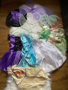 Bundle of used fancy clothes, dresses, costumes , wings and accessories