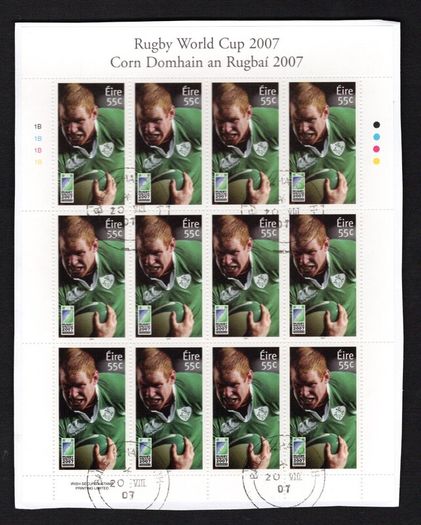2007 Ireland Rugby World Cup France (Paul O Connell and Players in lineout) Commemorative Stamp Sheetlets Plate 1B1B1B1B fine Used with Dublin cancel of 17th July 2007 (First day of issue)