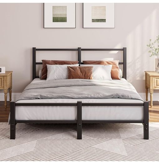 16cm Low Profile Double Bed Frame with Headboard, 4ft6 Metal Sturdy Steel Slat Support, Noise-Free 135x190cm Platform Mattress Base, No Box Spring Needed, Black
