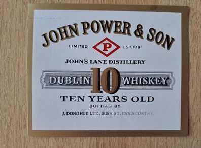 Vintage  John Power & Son 10 years old Dublin whiskey label No1