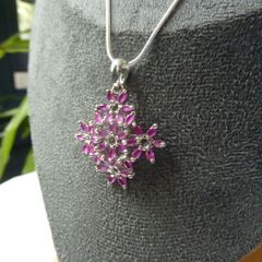 Ruby Cluster Snowflake Pendant Necklace, 925 Sterling Silver, 18 inch Chain