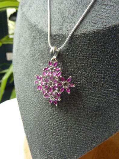 Ruby Cluster Snowflake Pendant Necklace, 925 Sterling Silver, 18 inch Chain